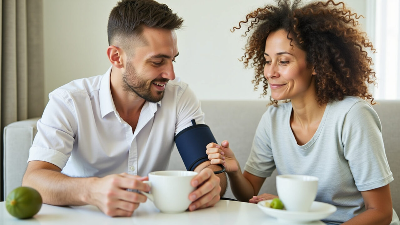 Guava leaf tea for high blood pressure. Woman checking blood pressure, cup of tea nearby, calm Mulher verificando pressão arterial com chá de goiaba.