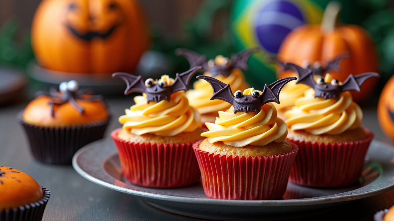 Halloween cupcakes with spooky decorations, festive treats, Brazilian party, vibrant colors, Cupcakes de Halloween com decorações assustadoras.