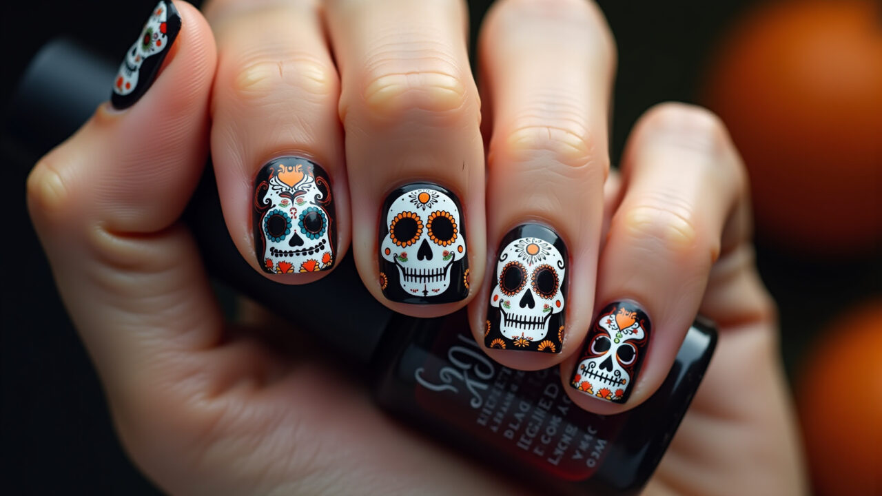 Halloween nails with Catrinas, Mexican culture, professional photography, 8K quality, sharp focus, Unhas de Halloween com Catrinas mexicanas