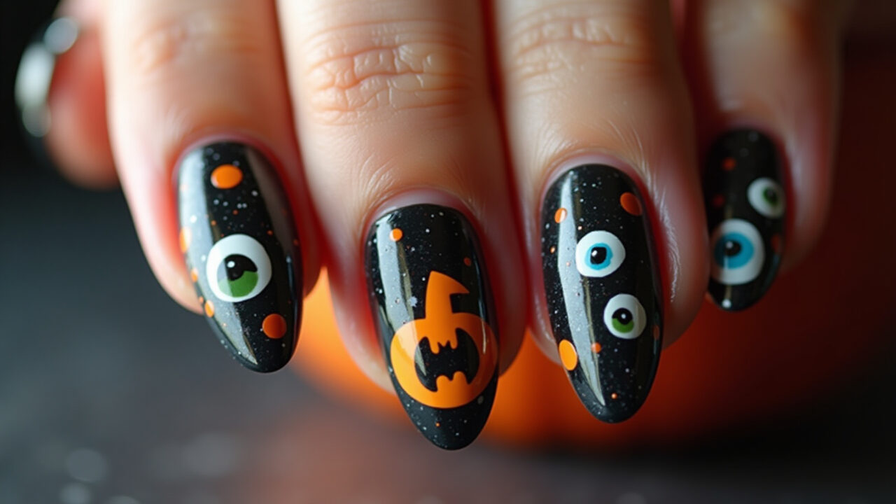 Halloween nails with eyes, fun and spooky, professional photography, 8K quality, sharp focus, Unhas de Halloween com olhos assustadores
