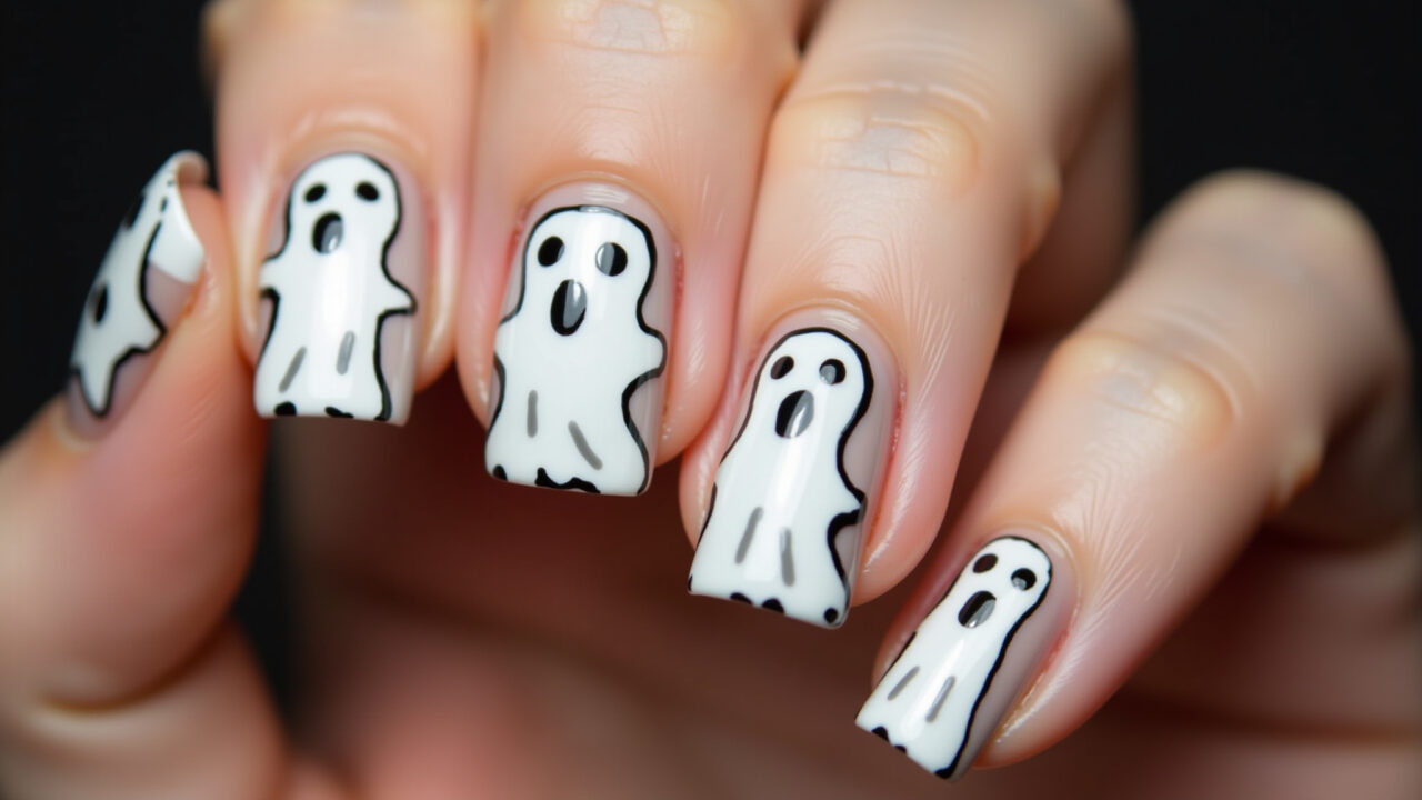 Halloween nails with ghosts, delicate design, professional photography, 8K quality, sharp focus, Unhas de Halloween com fantasmas delicados