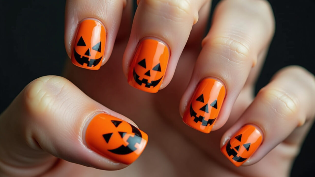 Halloween nails with pumpkins, close-up, professional photography, 8K quality, sharp focus, Unhas decoradas de Halloween com abóboras sorrindo