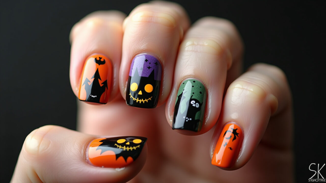 Halloween nails with thematic colors, simple design, professional photography, 8K quality, sharp Unhas de Halloween com cores temáticas