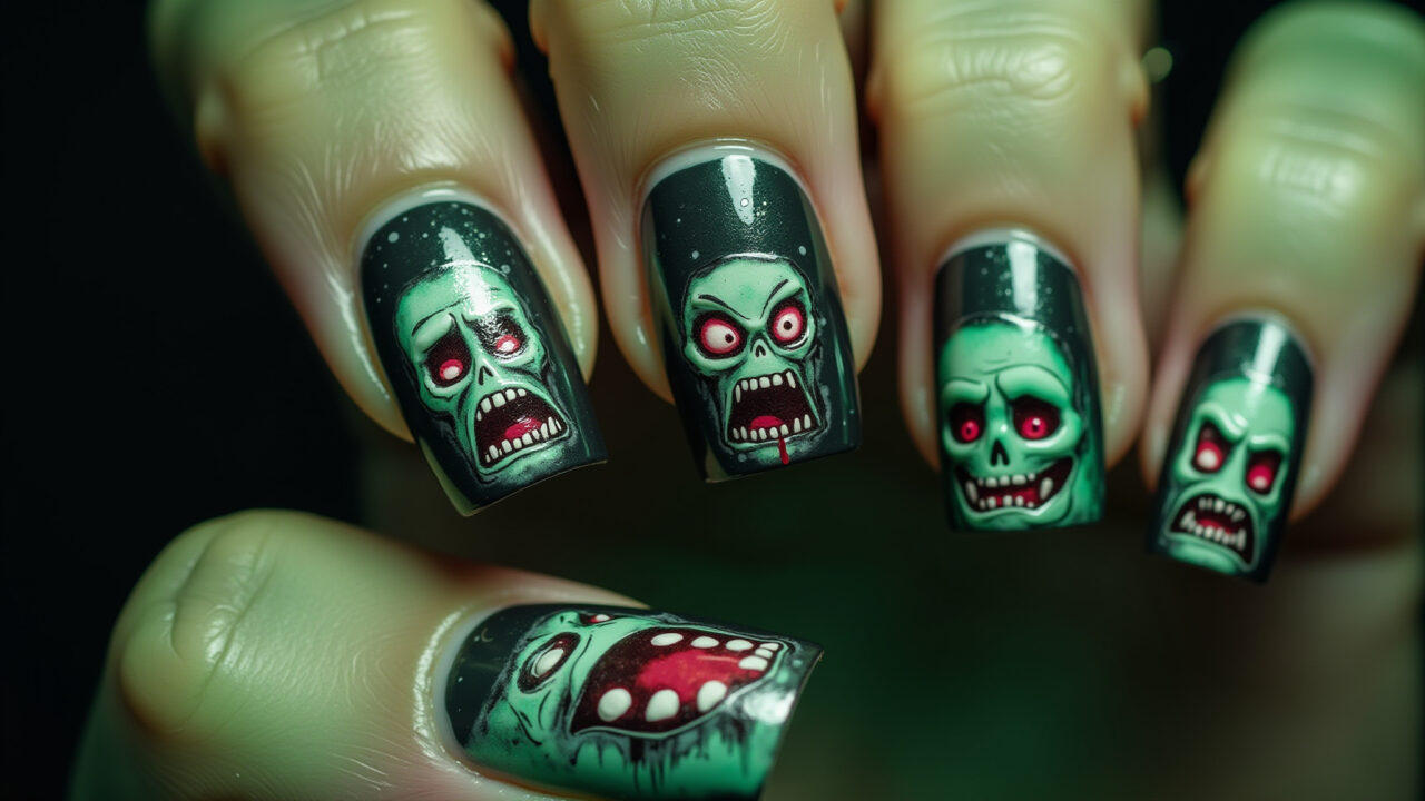 Halloween nails with zombies, horror theme, professional photography, 8K quality, sharp focus, Unhas de Halloween com zumbis assustadores