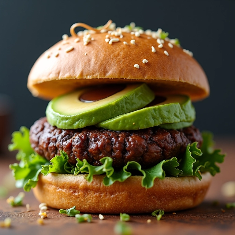 Hambúrguer vegetariano de feijão preto com abacate e brotos.