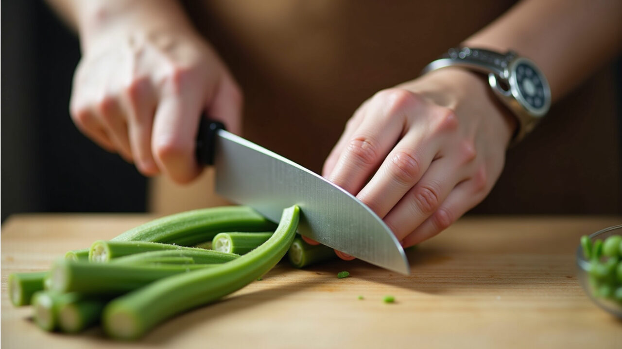 Hand cutting small defects off okra. 8K, sharp focus, natural light, kitchen setting. Food Removendo pequenos defeitos do quiabo antes de usar