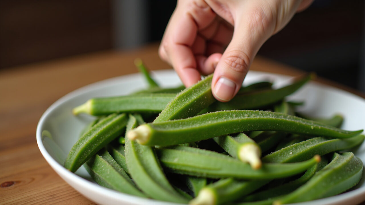 Hand touching okra, showing soft, sticky texture. Lifestyle photography, natural light, 8K, focus Textura do quiabo: mole e pegajoso indica que estragou