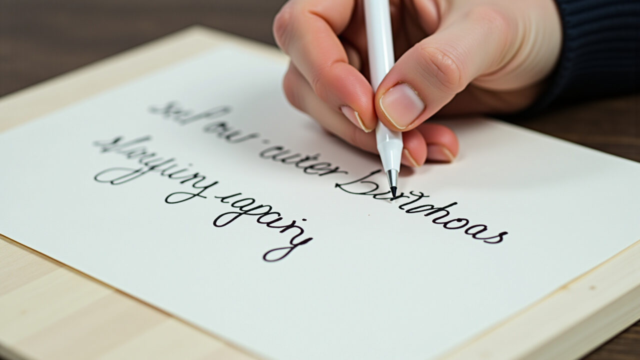 Hand writing a short, personalized birthday message on a card. Focus on the hand and card, Mão escrevendo frase curta personalizada em cartão de aniversário.