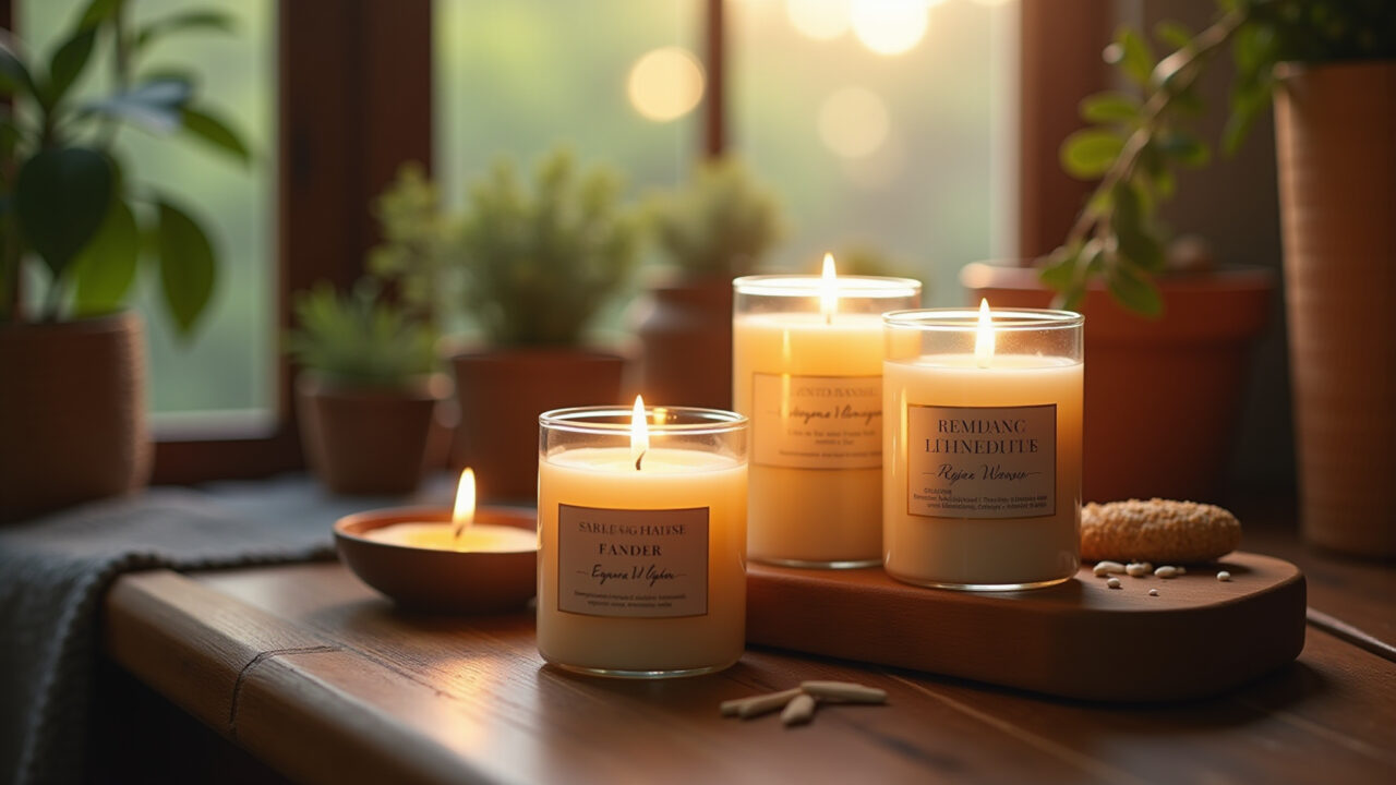 Velas artesanais com óleos essenciais em casa aconchegante.