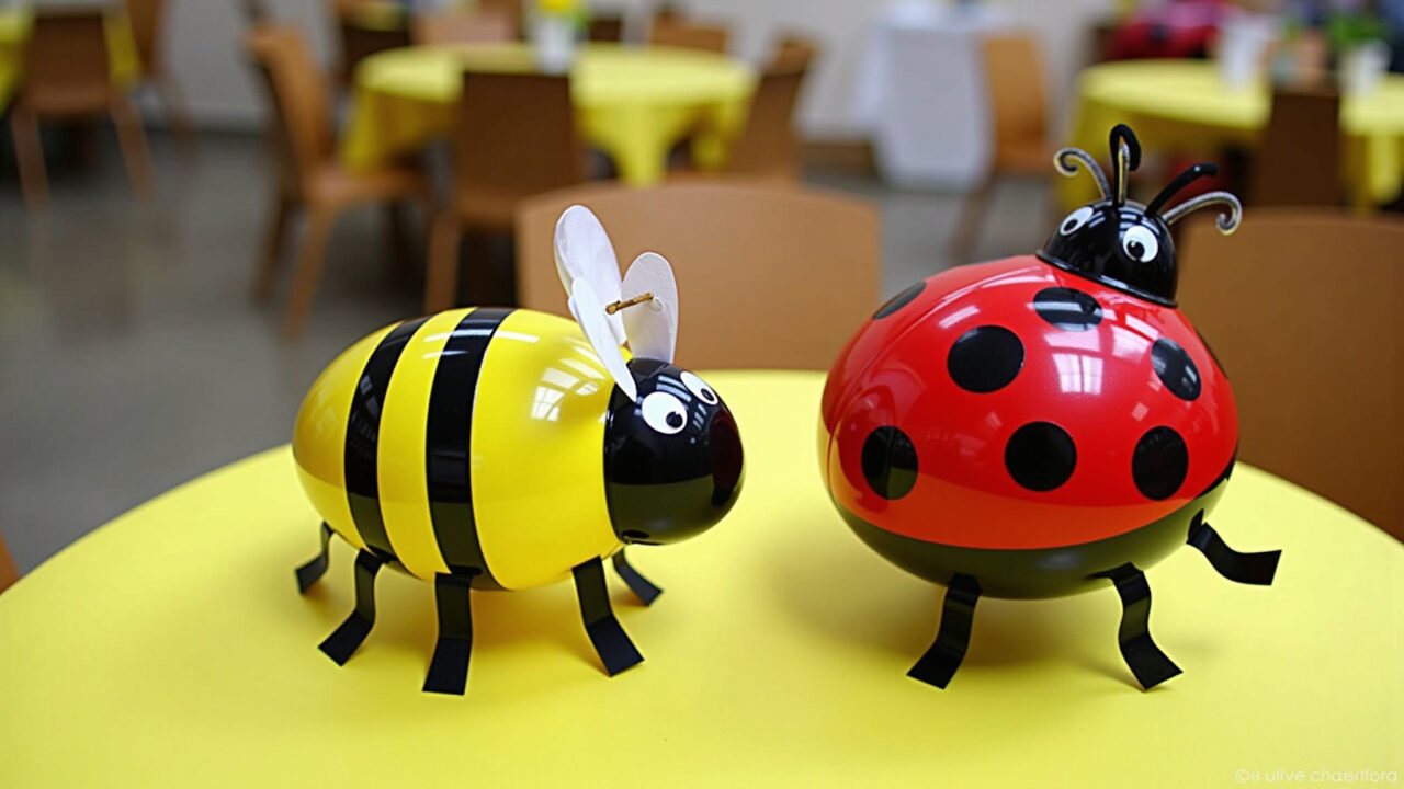 Centro de mesa com bichinhos feitos de garrafa PET.