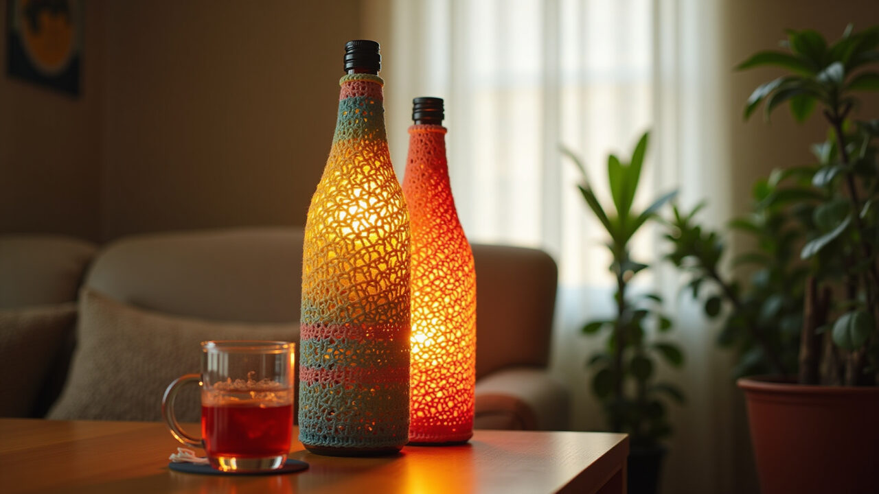 Handmade PET bottle lamp, colorful crochet cover, warm light, cozy Brazilian home decor, natural Luminária de garrafa PET com capa de crochê colorida, iluminação aconchegante.