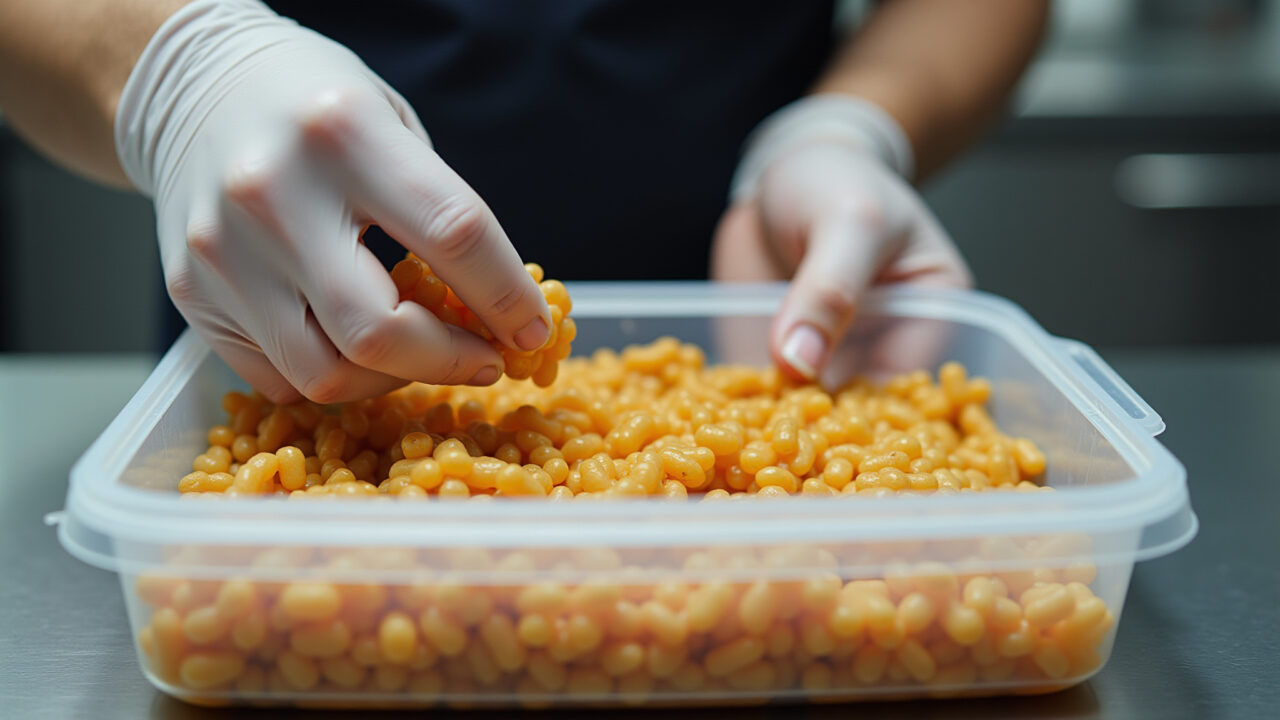 Hands carefully placing cooked feijão into airtight plastic containers. Focus on hygiene and Embalando feijão para congelar
