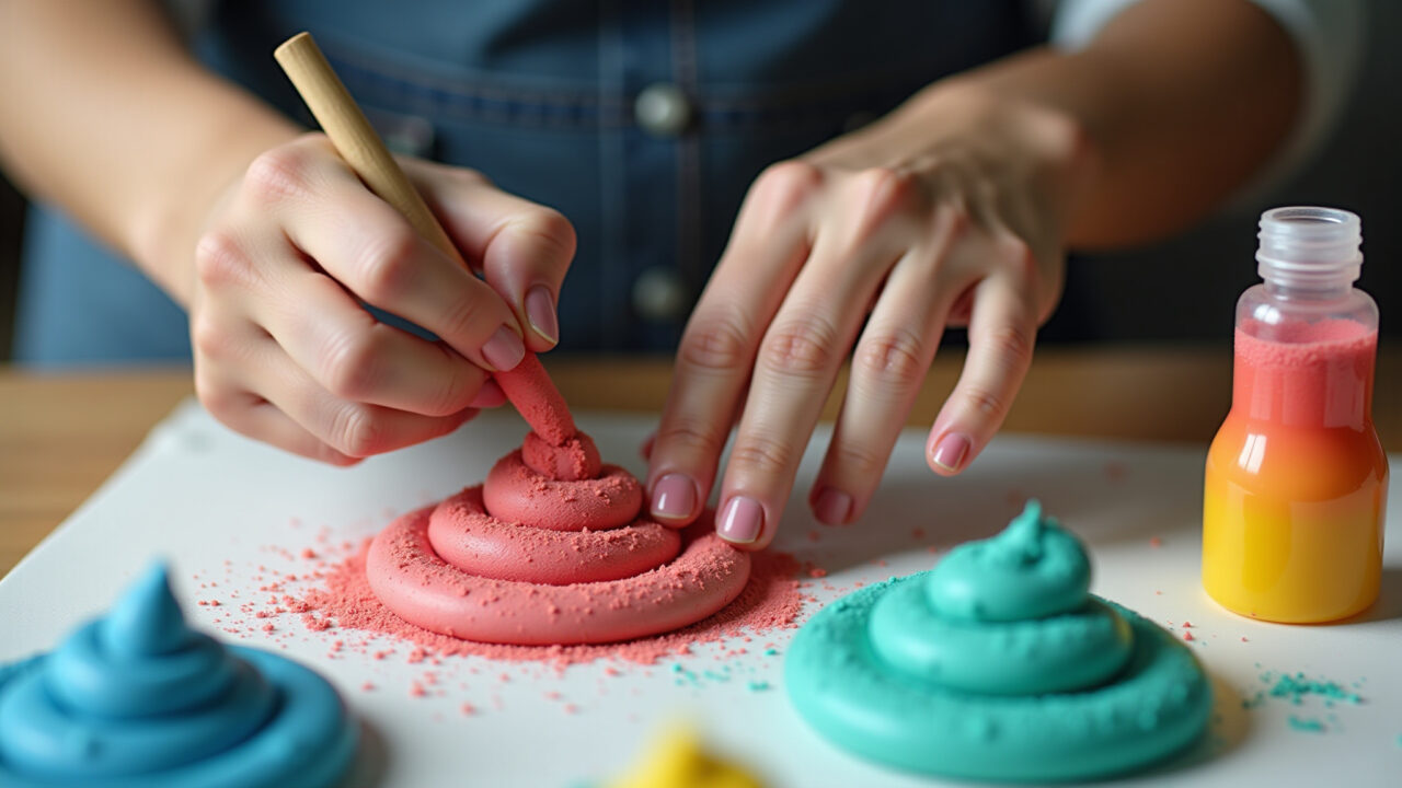 Hands coloring sugar paste with gel food coloring, professional photography, 8K quality, natural Tingindo pasta americana com corantes vibrantes.