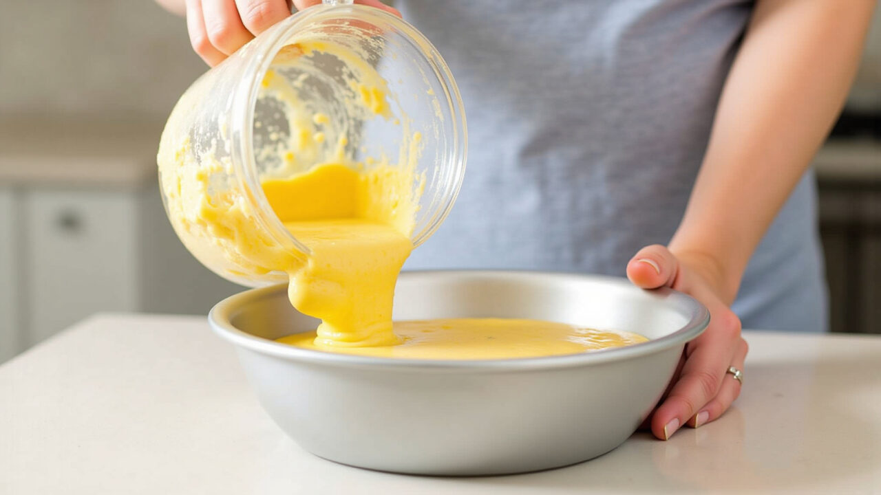 Hands pouring creamy corn cake batter from a blender into a baking pan. Bright kitchen, natural Bolo cremoso de milho de liquidificador.