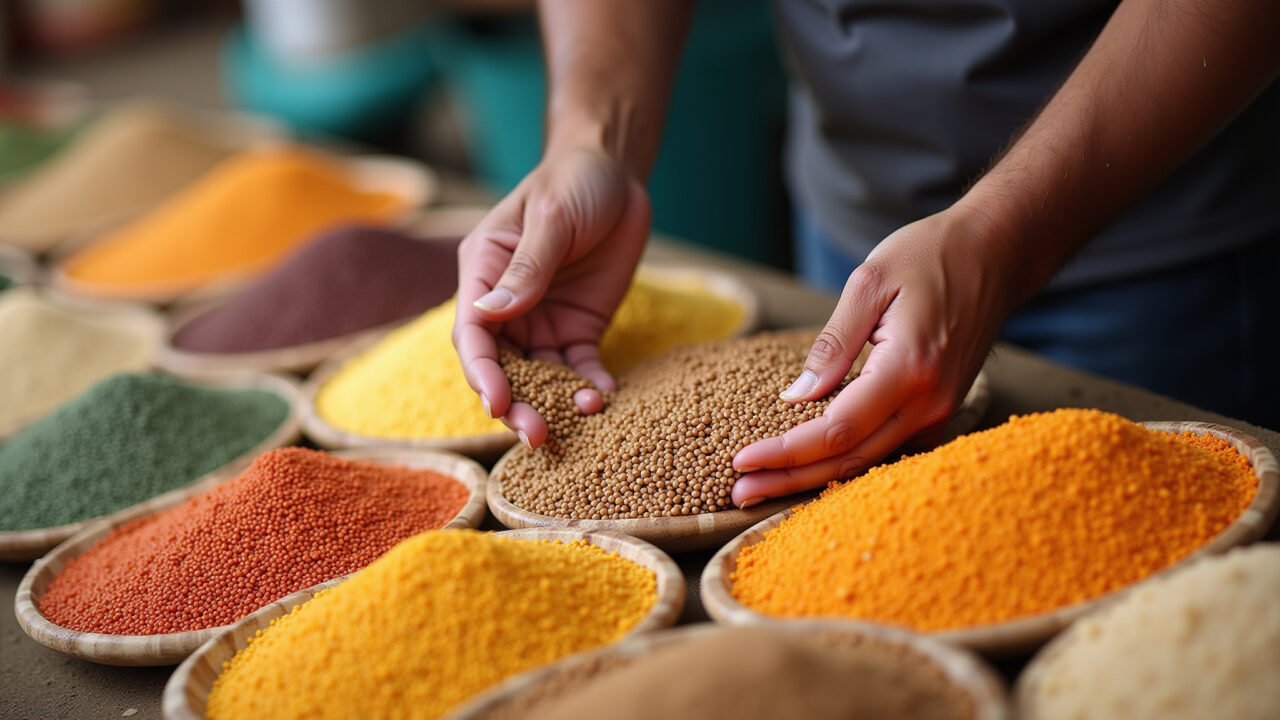 Hands selecting high-quality, whole feijão grains from a colorful Brazilian market stall. Natural Escolhendo feijão de boa qualidade