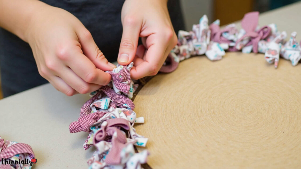 Hands tying fabric scraps onto jute base, creating knots for a no-sew rag rug. Close-up, natural Amarração de retalhos em tapete sem costura.