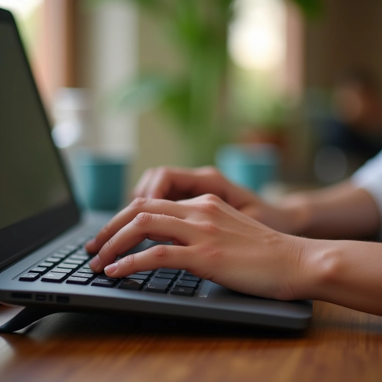 Hands typing on ergonomic keyboard, laptop, home office, Brazilian decor, focus on comfort, 8k Mãos digitando em teclado ergonômico em home office.