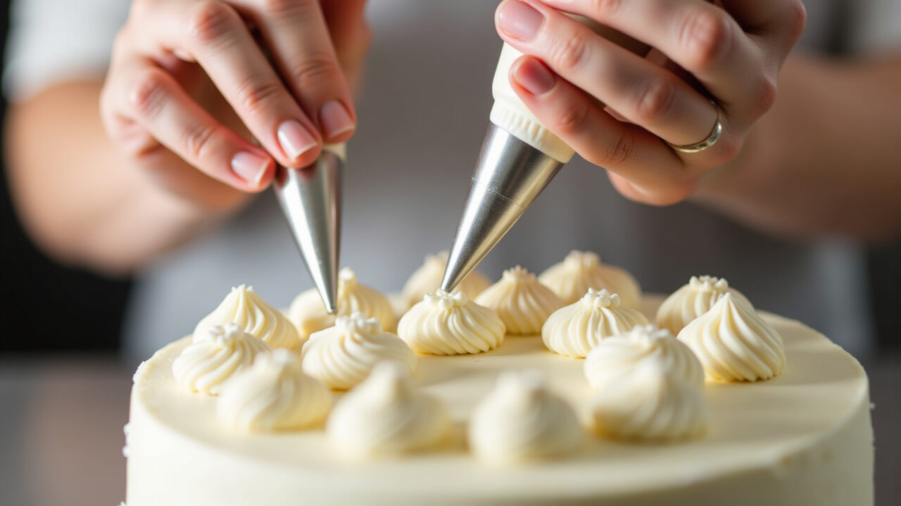 Hands using piping bags to create intricate designs on a chantininho cake. Focus on the piping Detalhe de bicos de confeitar decorando bolo com chantininho.