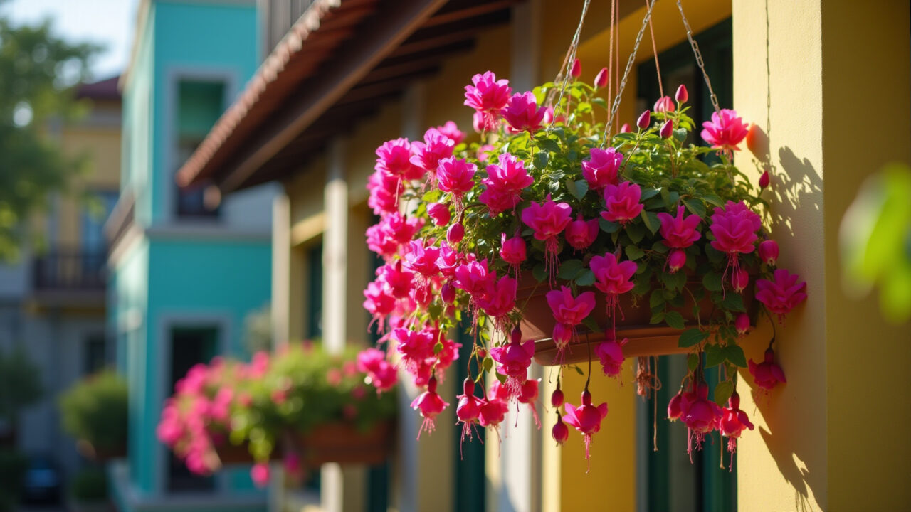 Hanging fuchsia 'brinco de princesa' on balcony, cascading flowers, Brazilian style, 8k, sharp Brinco de princesa pendente na decoração