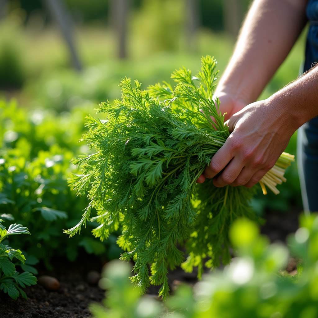 Harvesting fresh fennel leaves in a garden, sunlight, organic gardening, 8K quality, sharp focus, Colhendo erva doce fresca.
