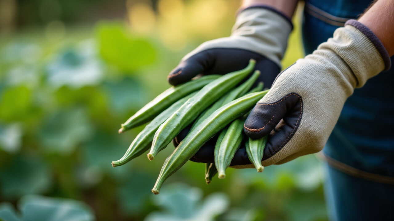 Harvesting okra pods, gardening gloves, backyard garden, organic gardening, professional Colhendo quiabos frescos e tenros no quintal com luvas.