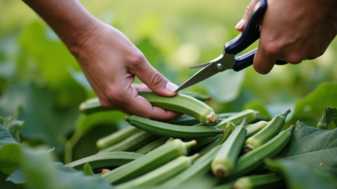 Harvesting okra pods, using scissors in a vegetable garden. Natural lighting, 8K quality, sharp Colhendo quiabo fresco na horta.