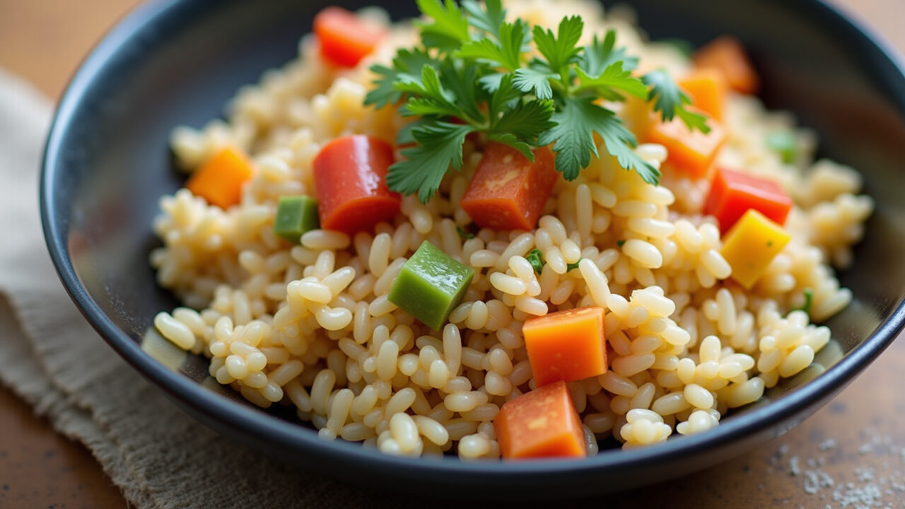 Healthy rice with colorful vegetables, served in a bowl. Natural lighting, 8K quality, sharp focus, Arroz com legumes frescos e coloridos.