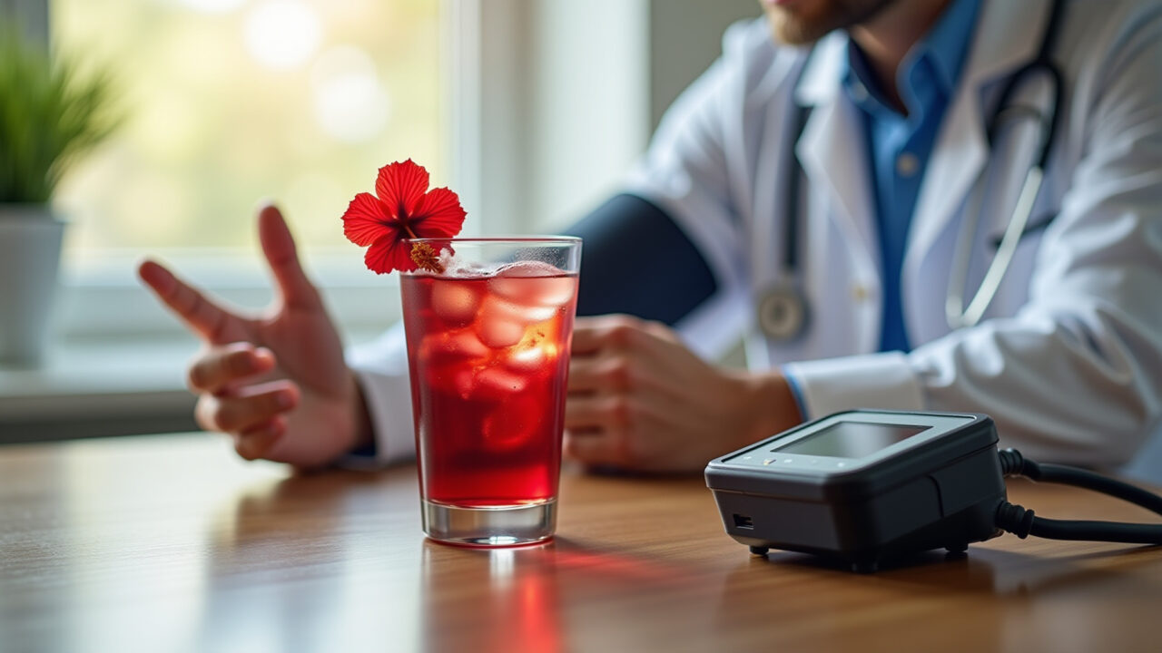 Hibiscus tea and blood pressure monitor, doctor explaining results, natural light, 8K, sharp focus, Chá de hibisco e monitor de pressão arterial.