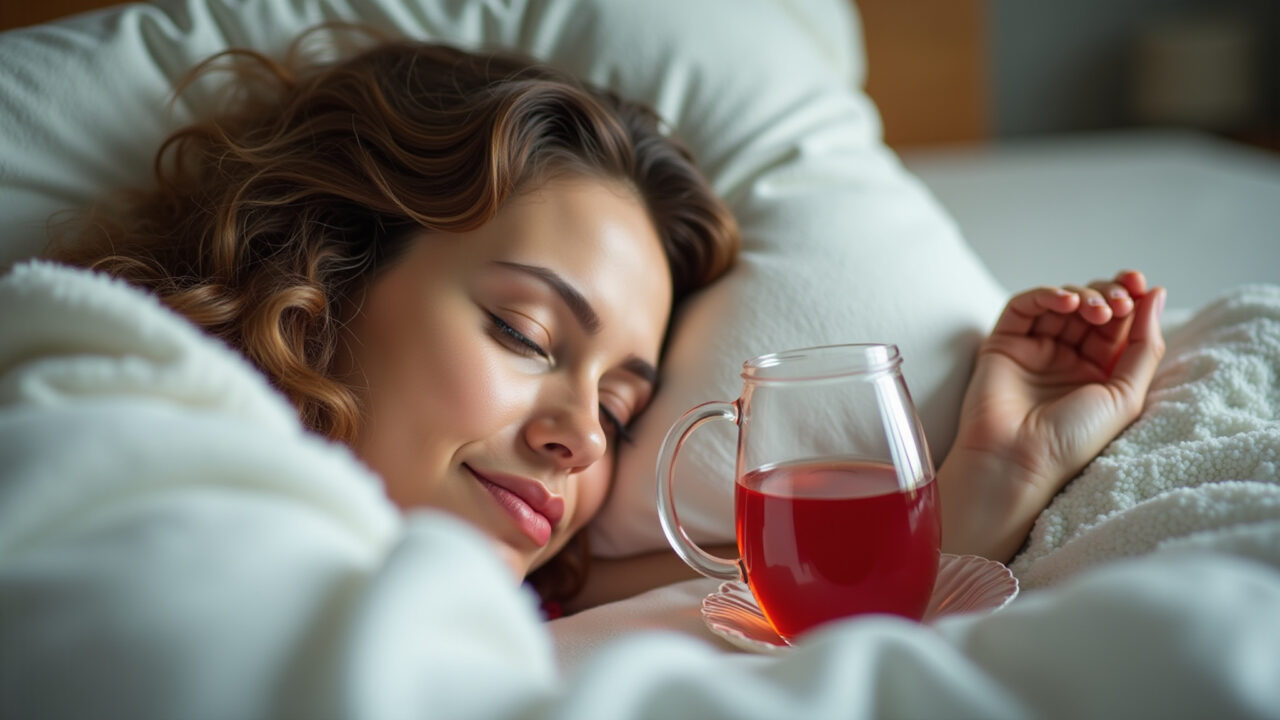 Hibiscus tea before bed, woman sleeping peacefully, natural light, 8K, sharp focus, lifestyle Chá de hibisco antes de dormir e mulher dormindo.