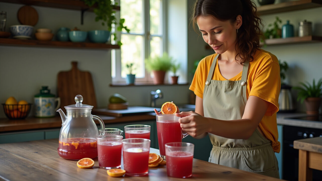 Hibiscus tea preparation, vibrant colors, natural light, woman enjoying tea, Brazilian style Chá de hibisco sendo preparado em uma cozinha vibrante.