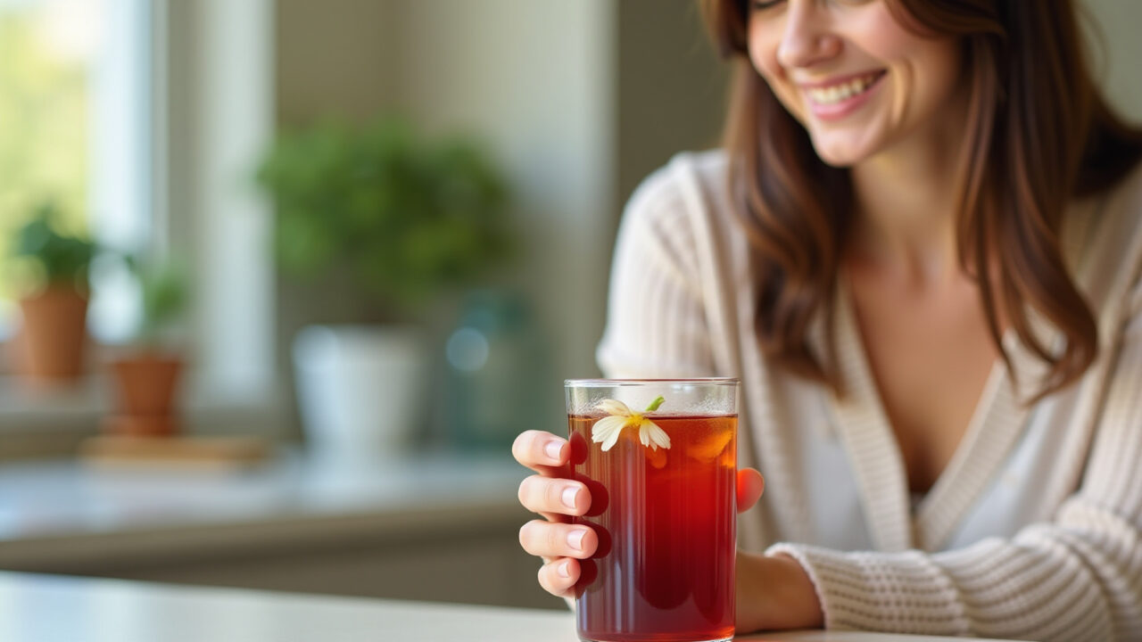 Hibiscus tea with chamomile, woman with PMS symptoms, natural light, 8K, sharp focus, lifestyle Chá de hibisco com camomila e mulher com sintomas de TPM.