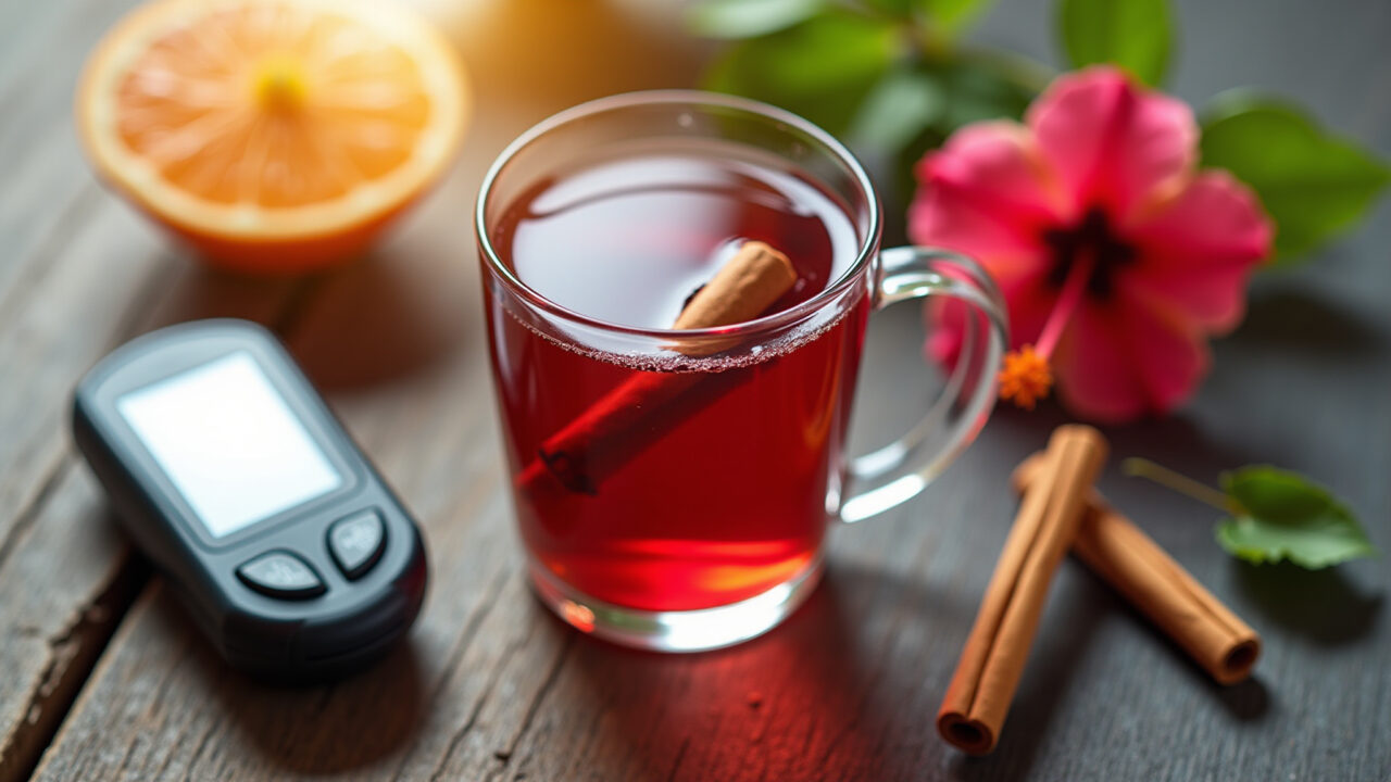 Hibiscus tea with cinnamon, blood sugar meter, natural light, 8K, sharp focus, commercial Chá de hibisco com canela e medidor de glicemia.
