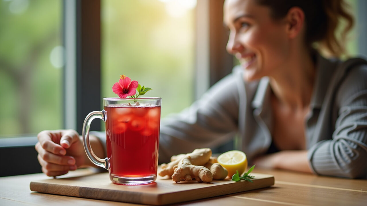 Hibiscus tea with ginger, woman relaxing after meal, natural light, 8K, sharp focus, lifestyle Chá de hibisco com gengibre e mulher relaxando.