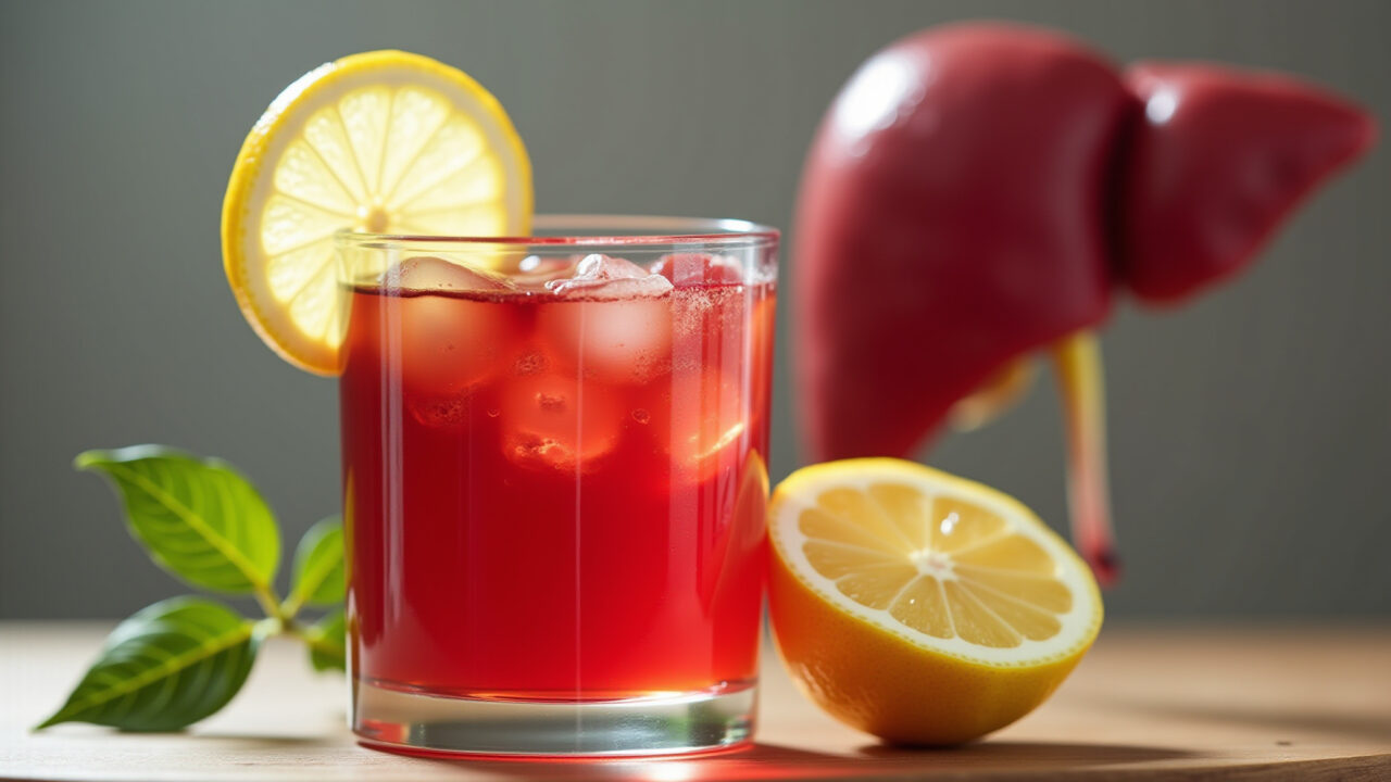 Hibiscus tea with lemon slices, liver illustration in background, natural light, 8K, sharp focus, Chá de hibisco com limão e ilustração do fígado.
