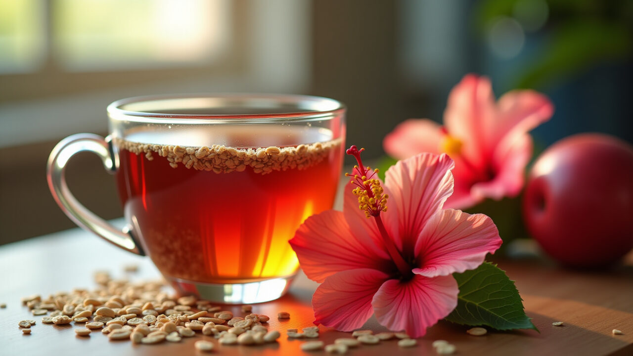 Hibiscus tea with oatmeal, cholesterol test results, natural light, 8K, sharp focus, commercial Chá de hibisco com aveia e resultados de exame de colesterol.