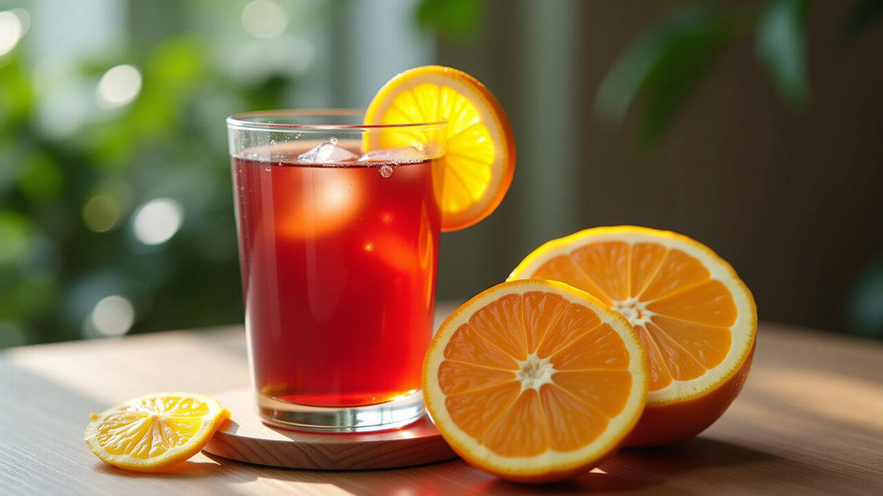 Hibiscus tea with orange slices, immune system illustration, natural light, 8K, sharp focus, Chá de hibisco com laranja e ilustração do sistema imunológico.