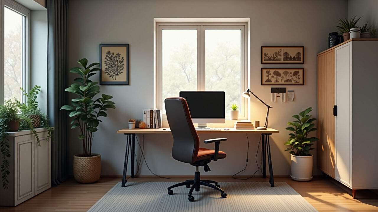 Home office decor, cozy space, ergonomic chair, desk with computer, inspiring objects, natural Home office inspirador com cadeira ergonômica e objetos pessoais.