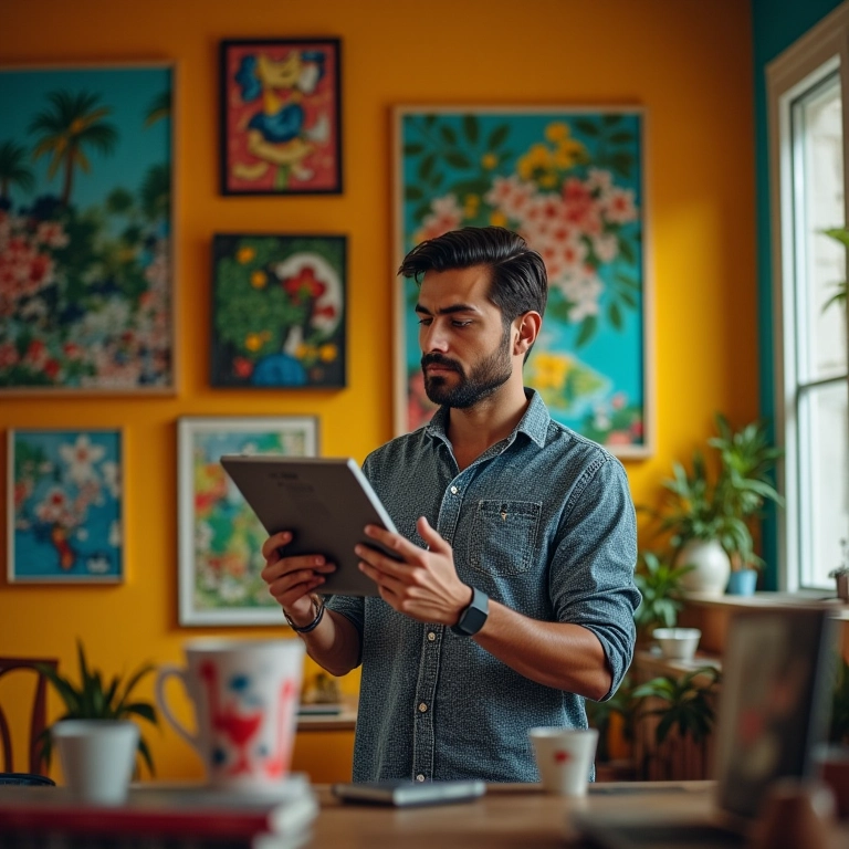 Homem associando informações a objetos em seu apartamento.