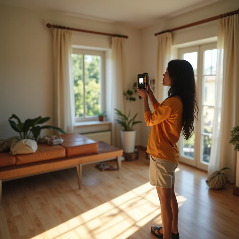 Homem medindo cômodo com medidor a laser.