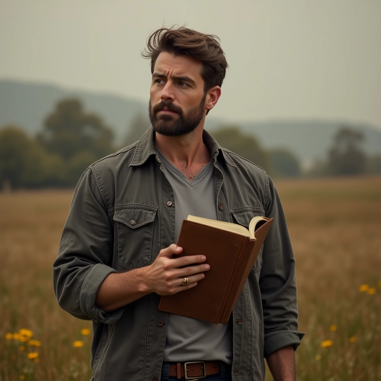 Homem refletindo sobre a paternidade em um ambiente rústico.