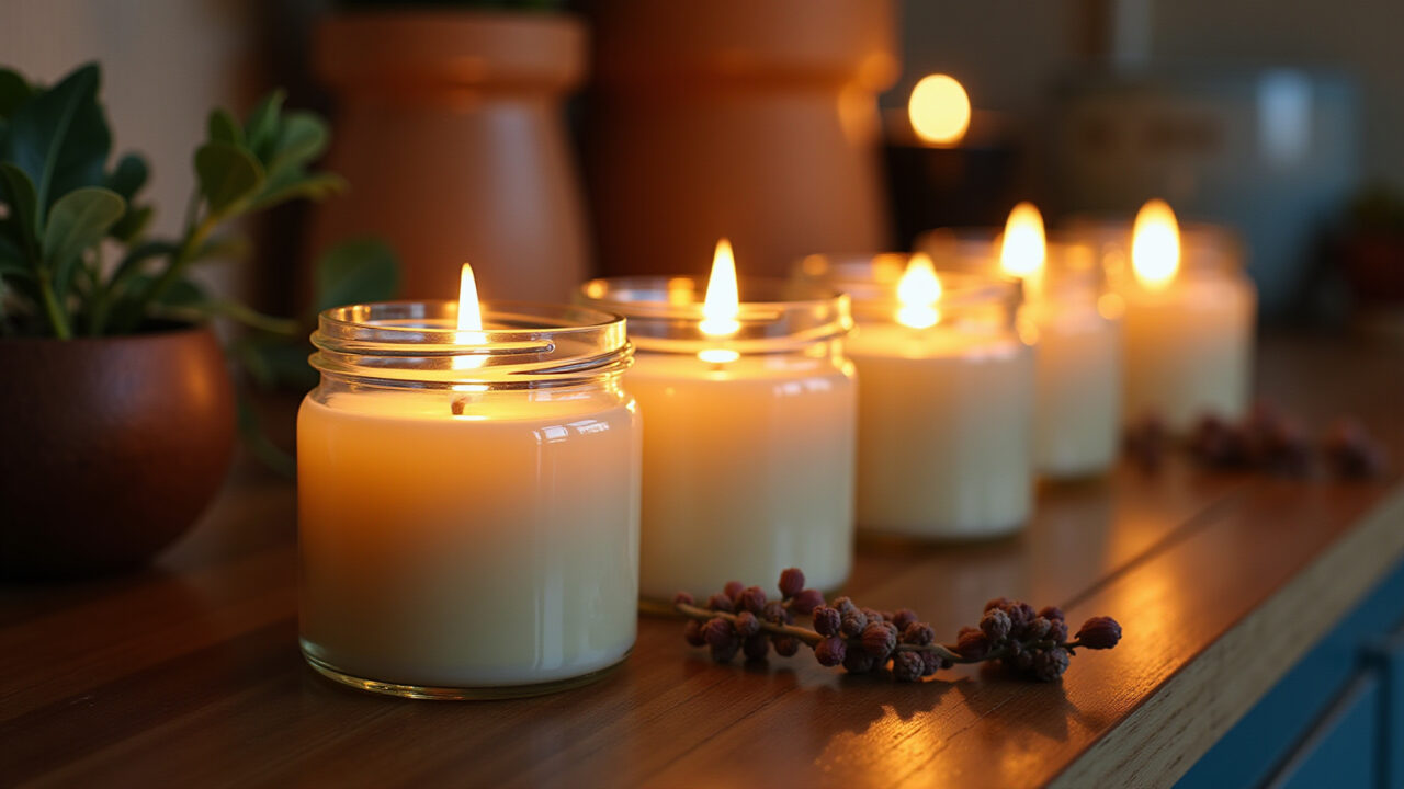 Homemade aromatic candles in recycled glass jars, essential oils, warm light, 8K, professional Velas aromáticas artesanais em potes de vidro reutilizados.