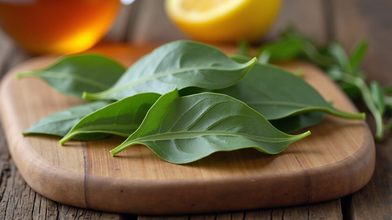 Homemade bay leaf tea recipe, ingredients on wooden board, bay leaves, honey, lemon, rustic Ingredientes para receita caseira de chá de louro.