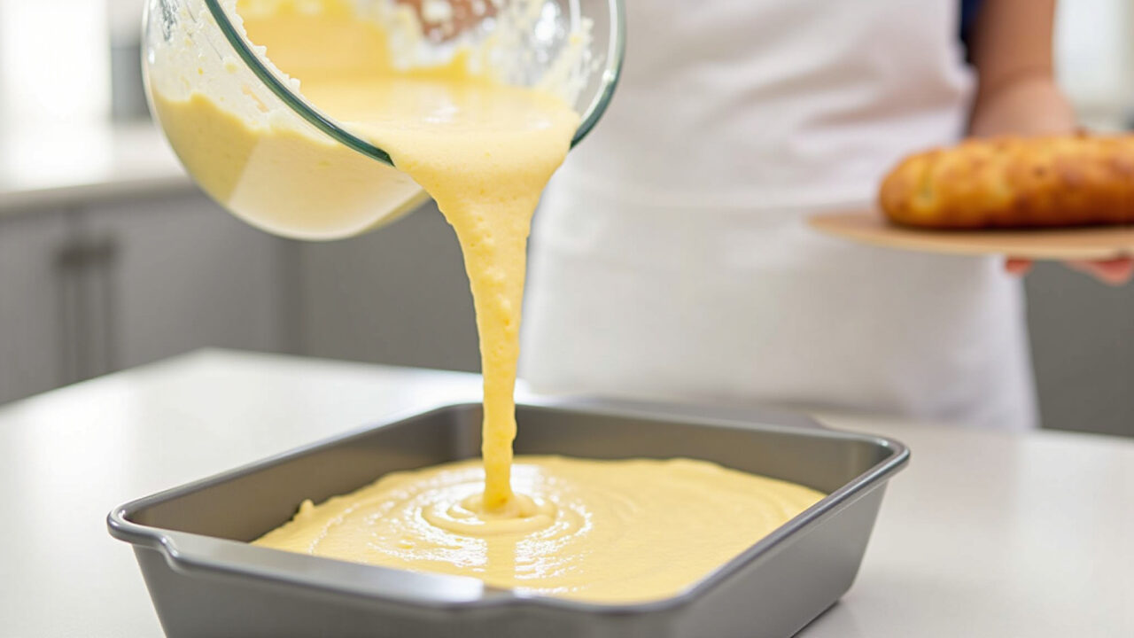 Homemade bread batter being poured from a blender into a greased baking pan, bright kitchen, Pão caseiro de liquidificador sendo preparado.