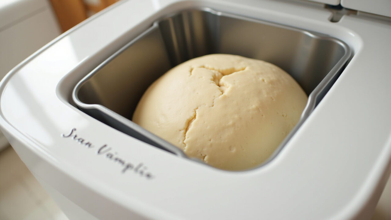 Homemade bread dough in a bread maker, display showing settings, bright kitchen, natural light, 8k Pão caseiro sendo feito na panificadora.