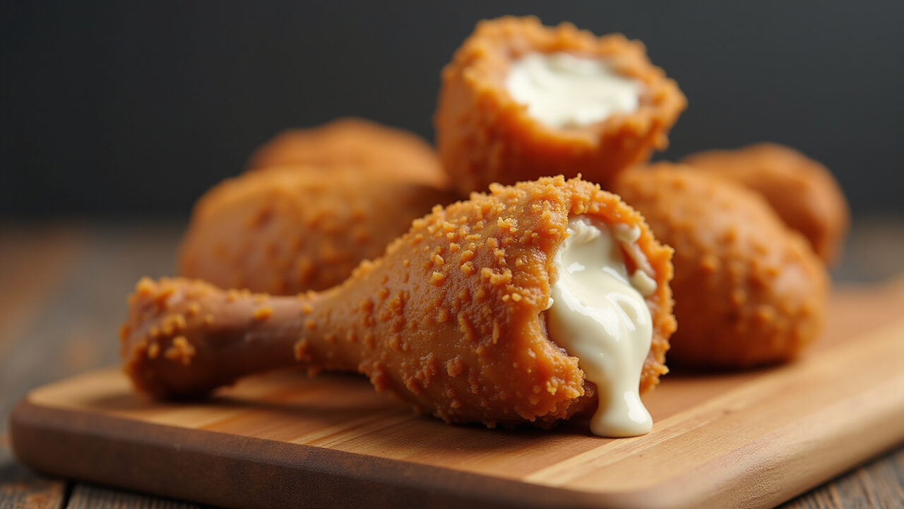 Homemade chicken drumstick, creamy filling, close-up shot, wooden board, professional photography, Coxinha cremosa de galinha picada caseira.