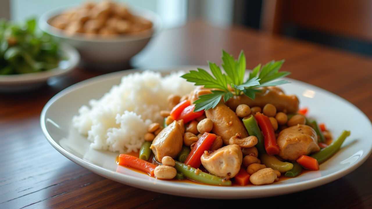 Homemade chicken stir-fry, colorful vegetables, peanuts, white rice, Brazilian table setting, Frango xadrez caseiro com legumes.