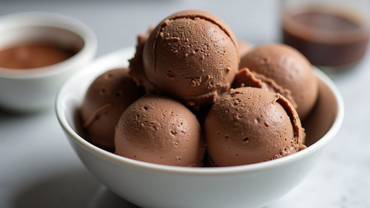 Homemade chocolate whey protein ice cream, served in a bowl, studio lighting, professional Sorvete caseiro de whey de chocolate.
