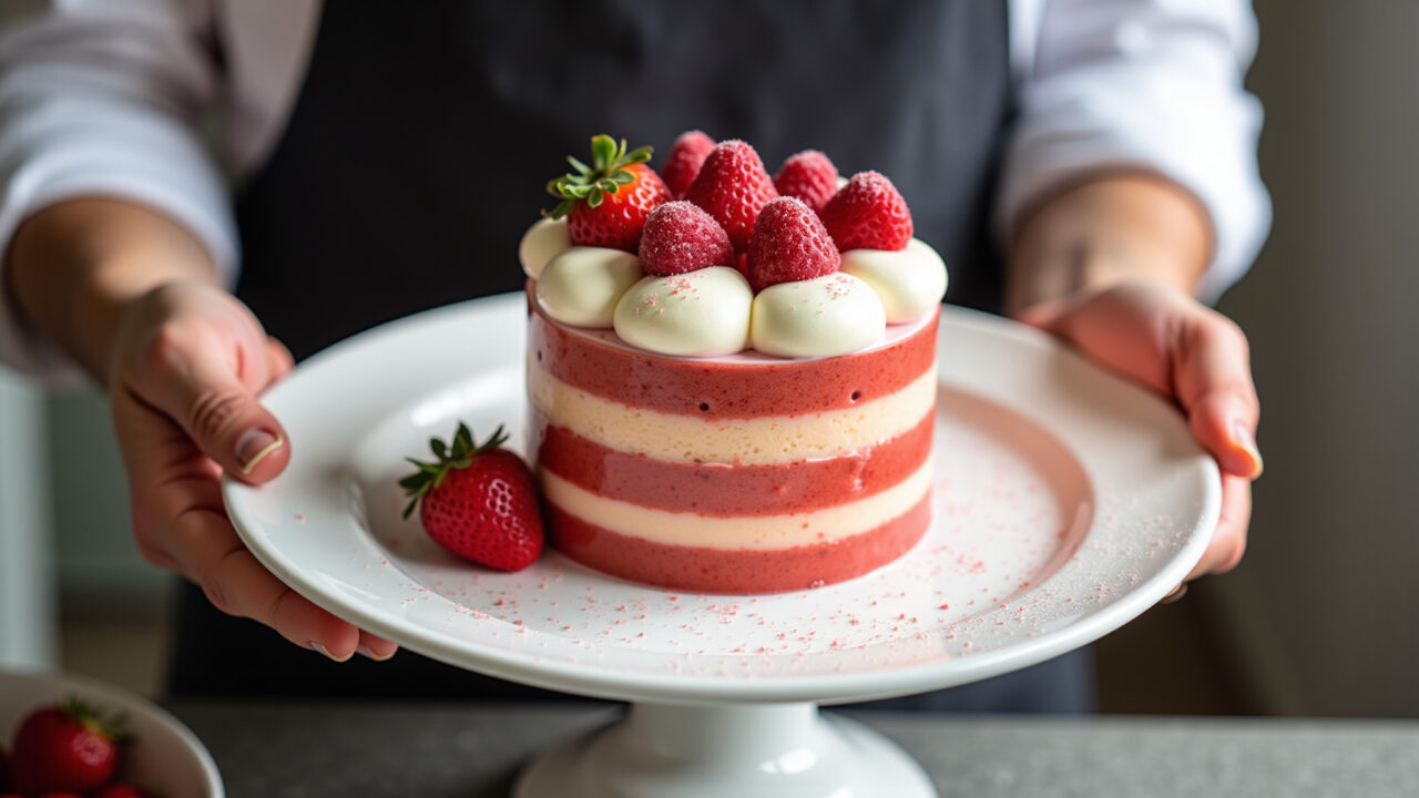 Homemade gelatin cake, strawberry flavor, chantilly frosting, red fruits topping, Brazilian Bolo de gelatina com morango e chantilly.