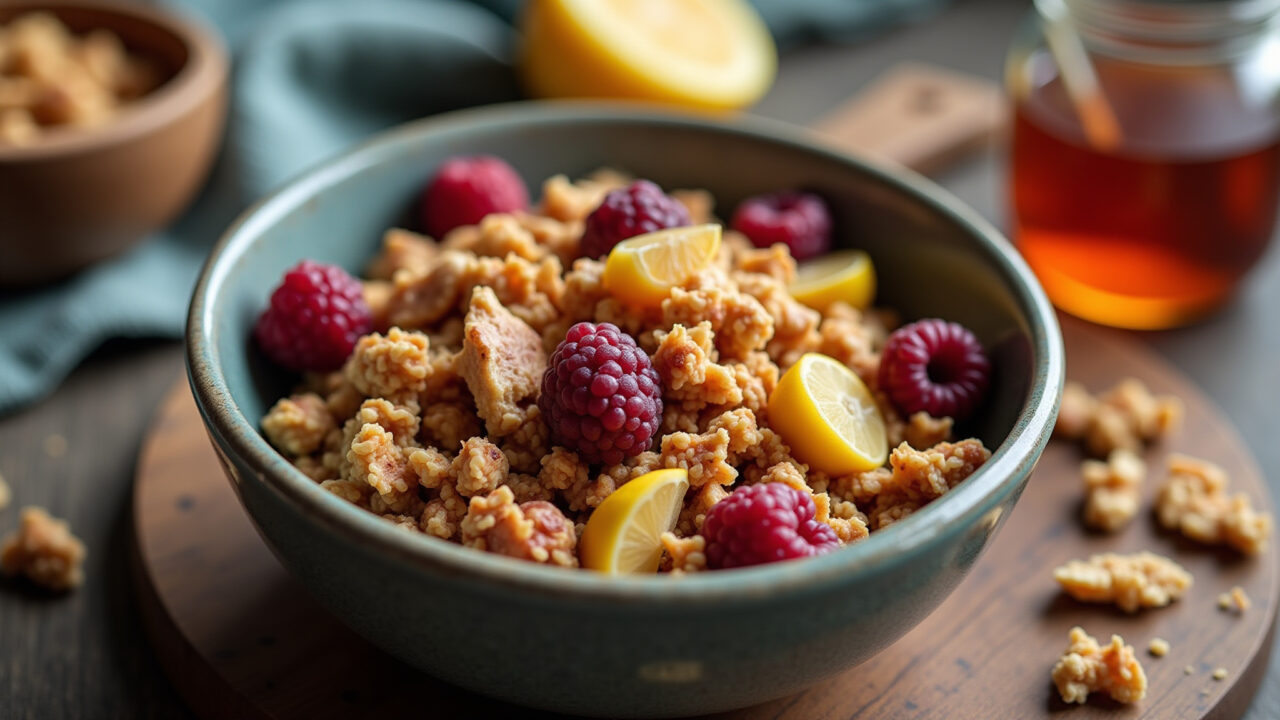 Homemade granola with honey and dried fruits, rustic bowl, Brazilian kitchen, 8k, professional Granola caseira com mel e frutas secas.