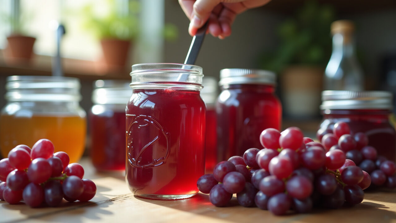 Homemade grape jelly preparation, vibrant colors, natural light, rustic kitchen, glass jars, 8K Geleia caseira de uva sendo preparada em cozinha rústica.